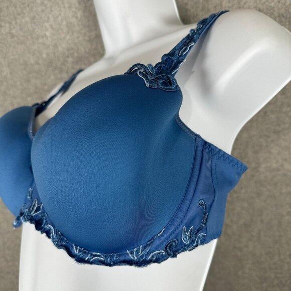 Simone Perele 34 Bra Underwired Blue Smooth Floral Mesh Bow Adjustable Straps - Picture 4 of 10